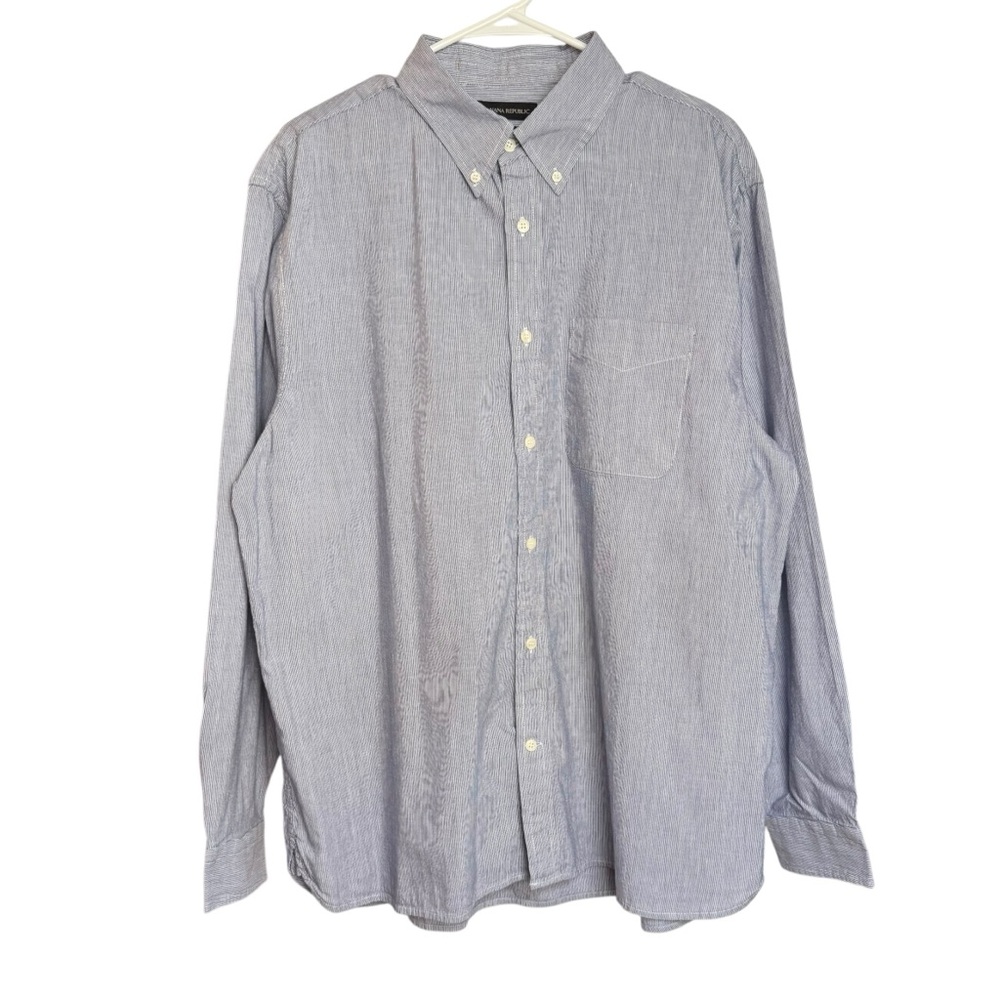 Banana Republic Untucked Barre Cotton Linen Button Up Shirt Mens XL Navy Stripe